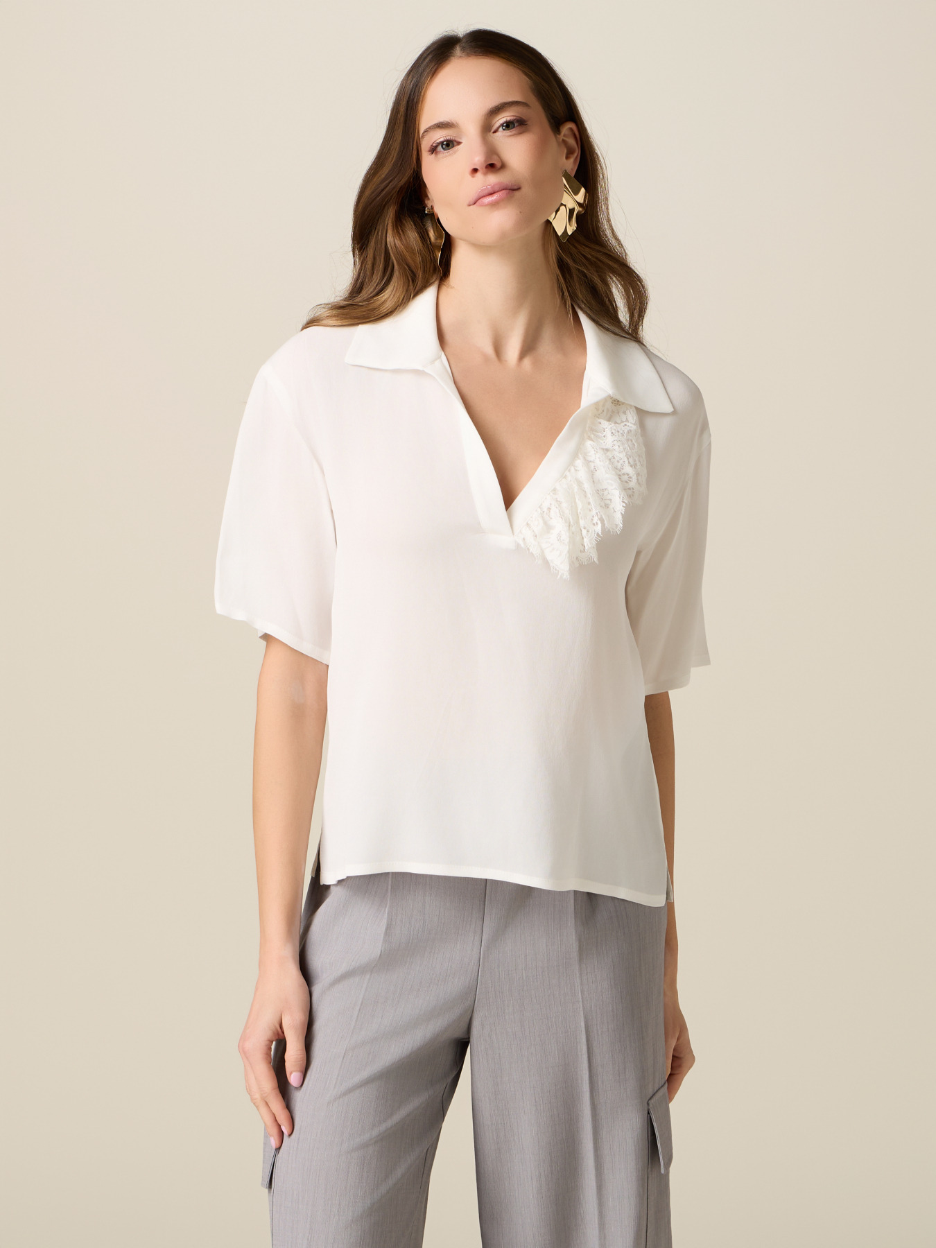 Polo blouse in cr&ecirc;pe fabric image number 0