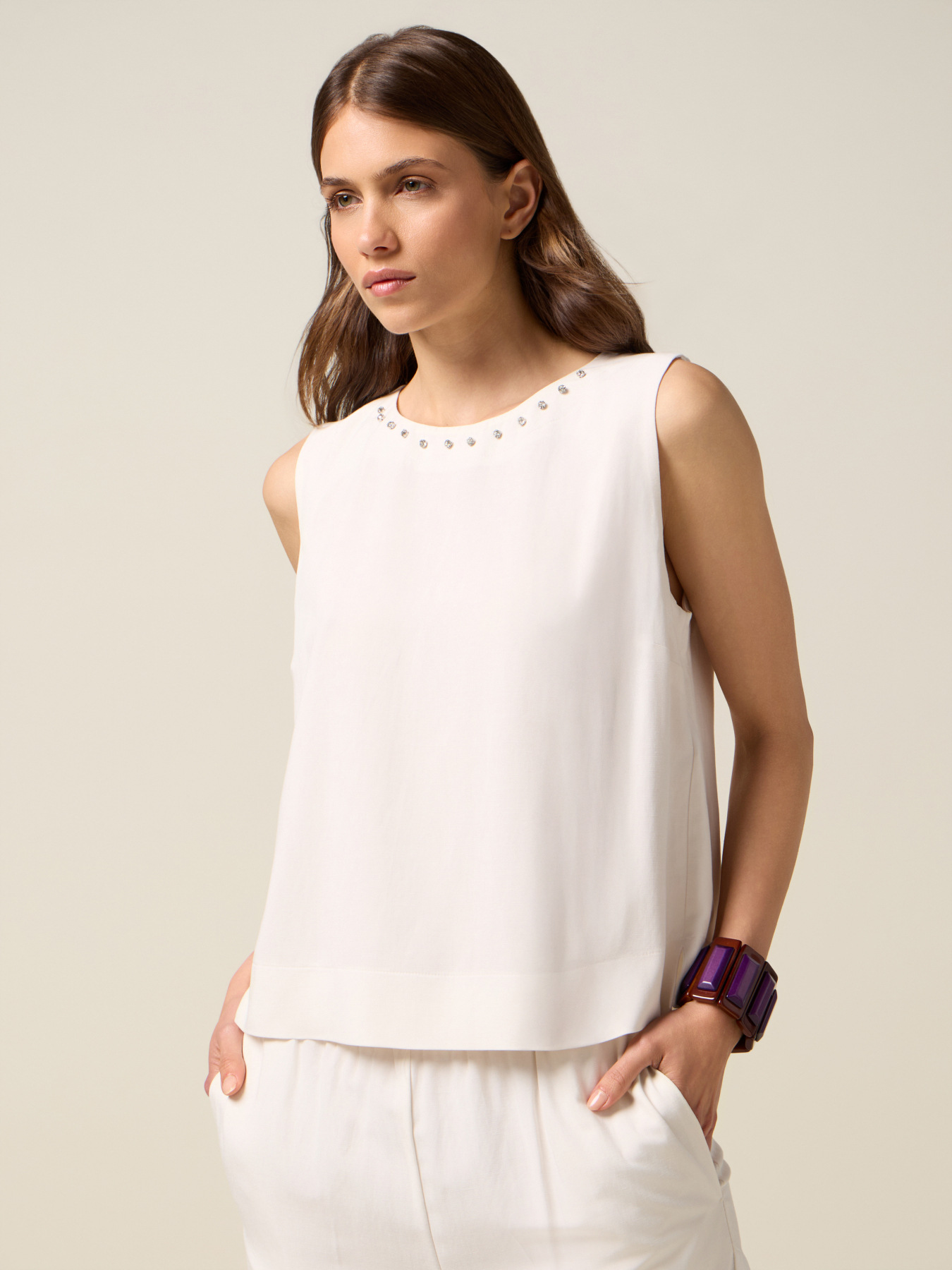 Mixed linen top with crystals image number 0