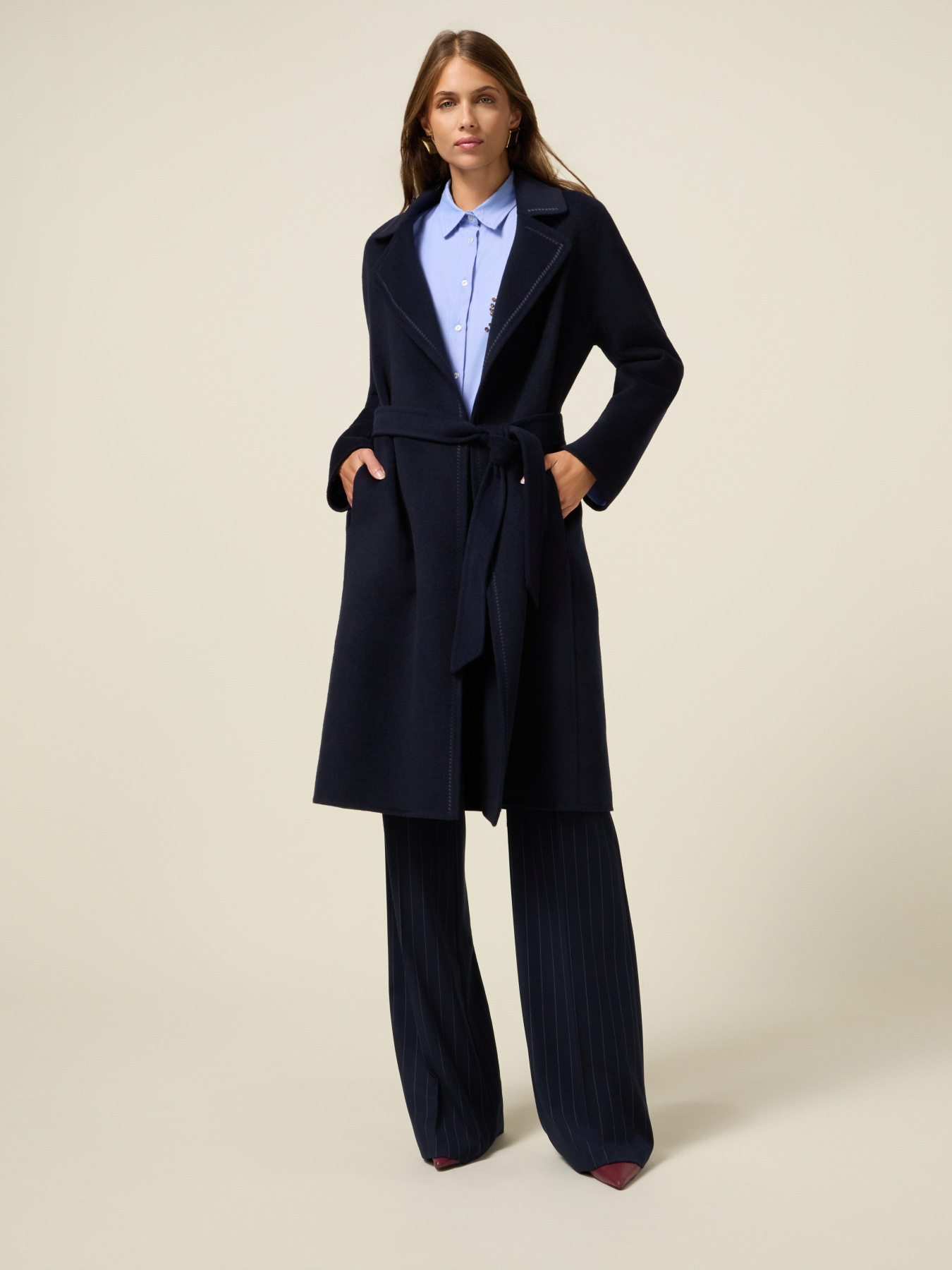 Manteau long en laine m&eacute;lang&eacute;e avec ceinture image number 1