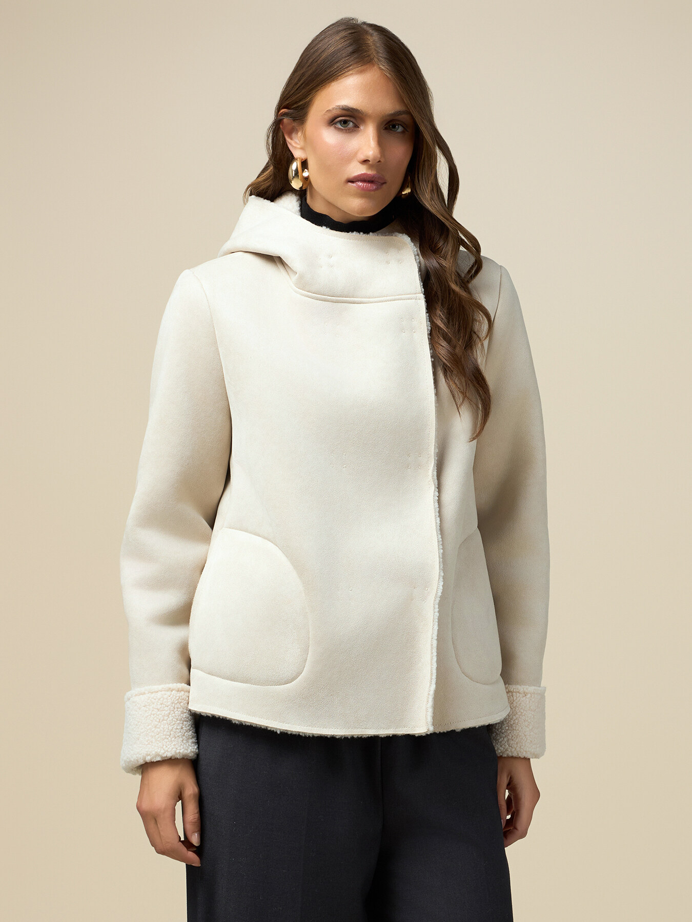 Hooded faux sheepskin jacket image number 0