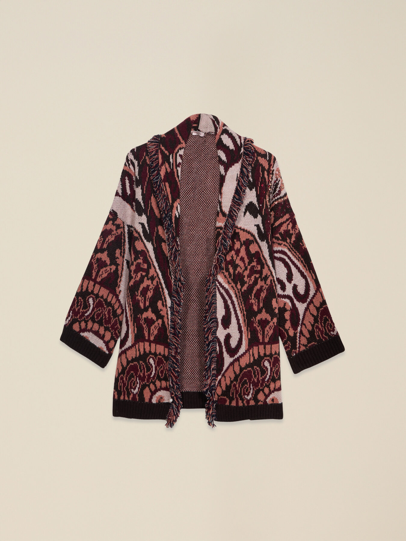 Long mixed wool cardigan with fringes and crystals image number 3