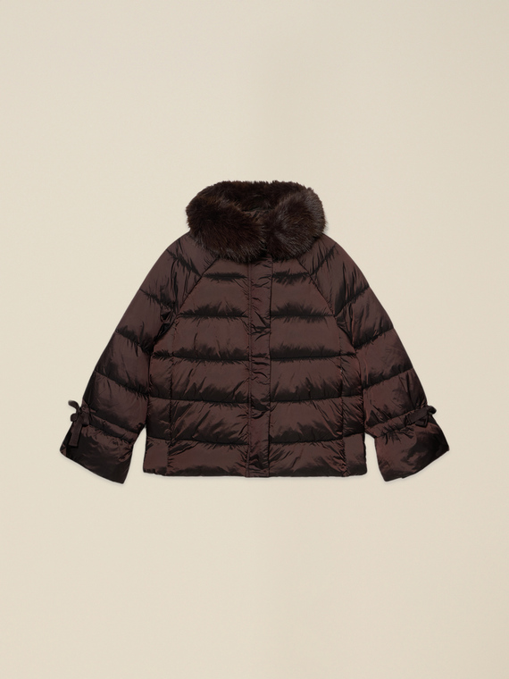 Down jacket with hood and furry trim