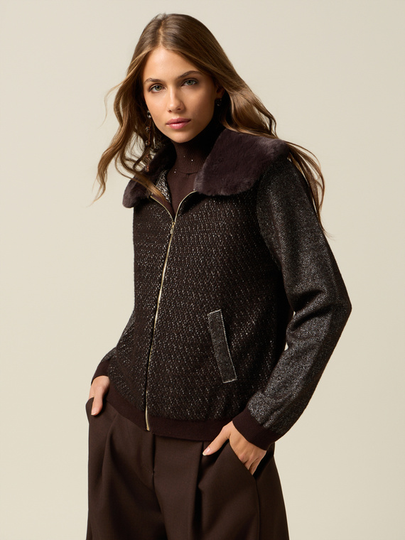 Mixed wool knit bomber with plush effect collar