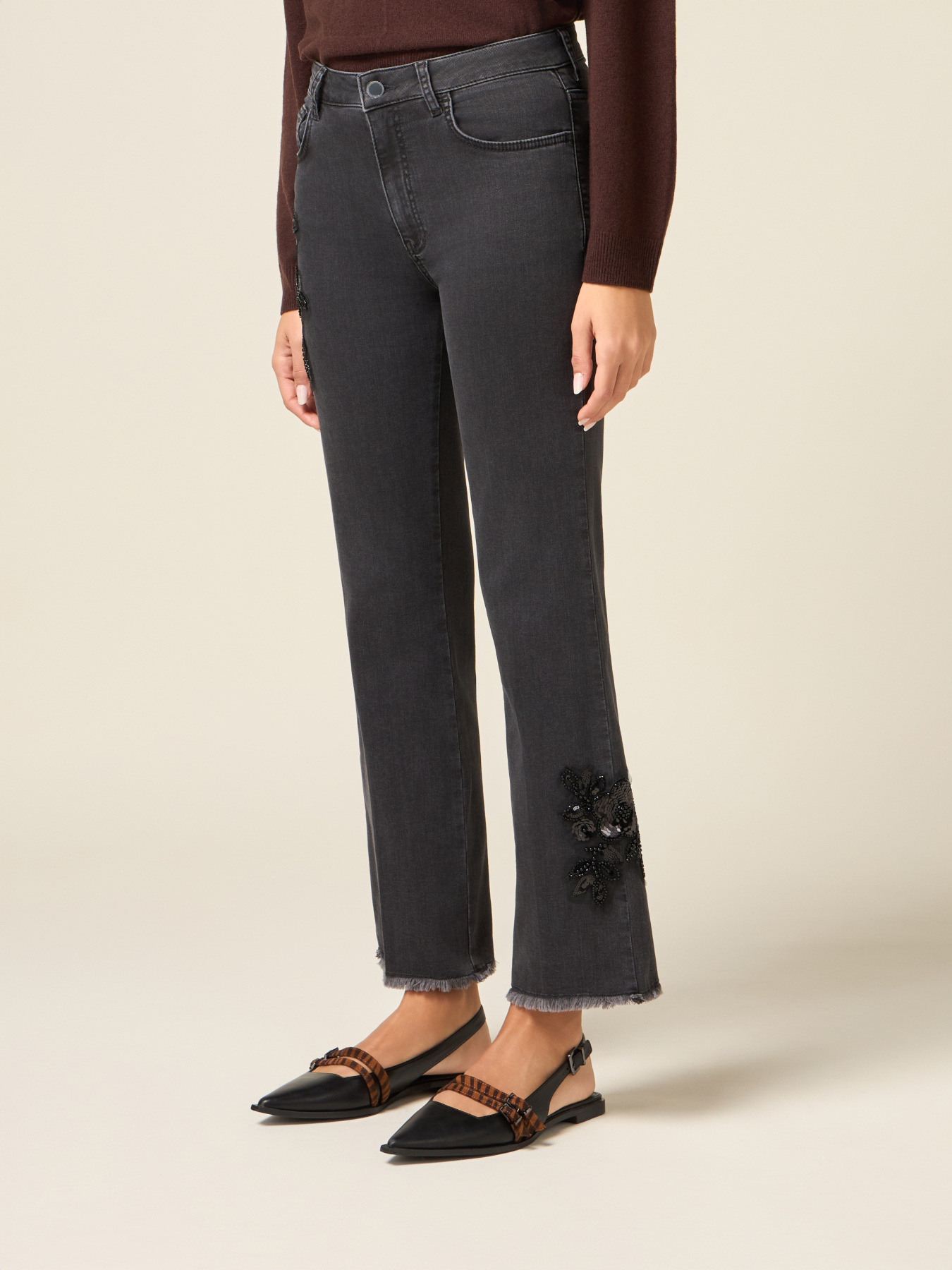 Jeans cropped wide din denim cu patch decorativ image number 3