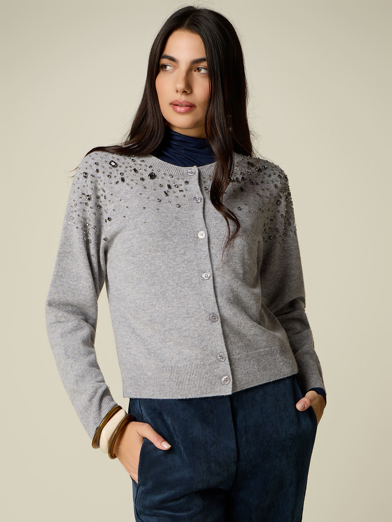 Pure wool cardigan with gemstone details image number 0