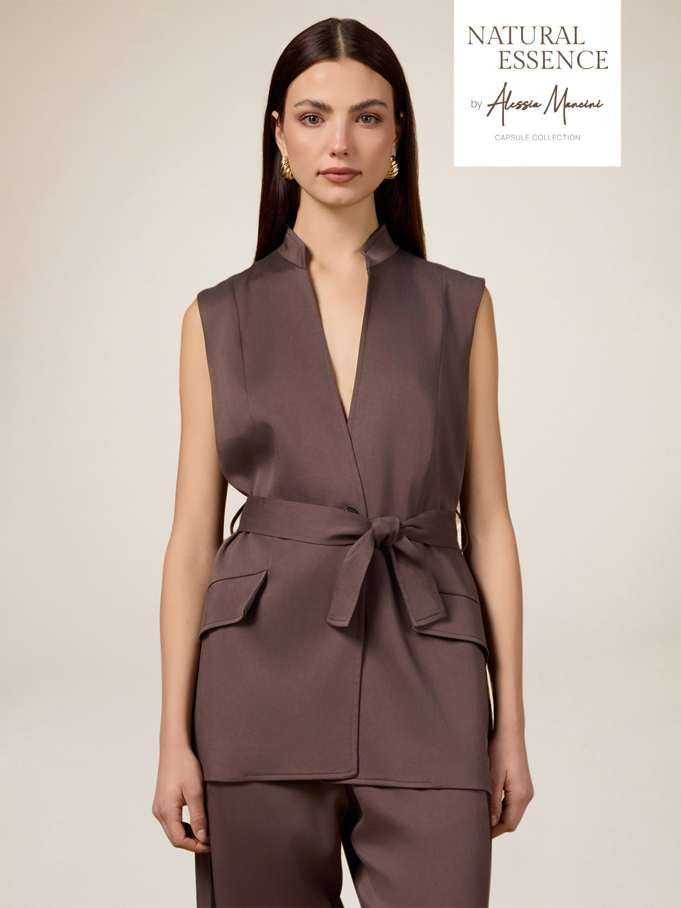 Gilet fluido misto lyocell con cintura image number 0