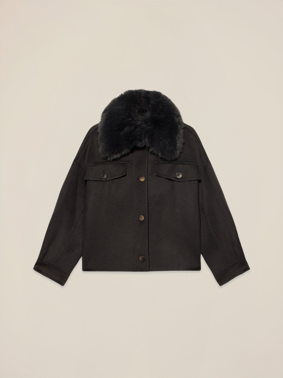 Manteau court en laine m&eacute;lang&eacute;e avec col en fourrure