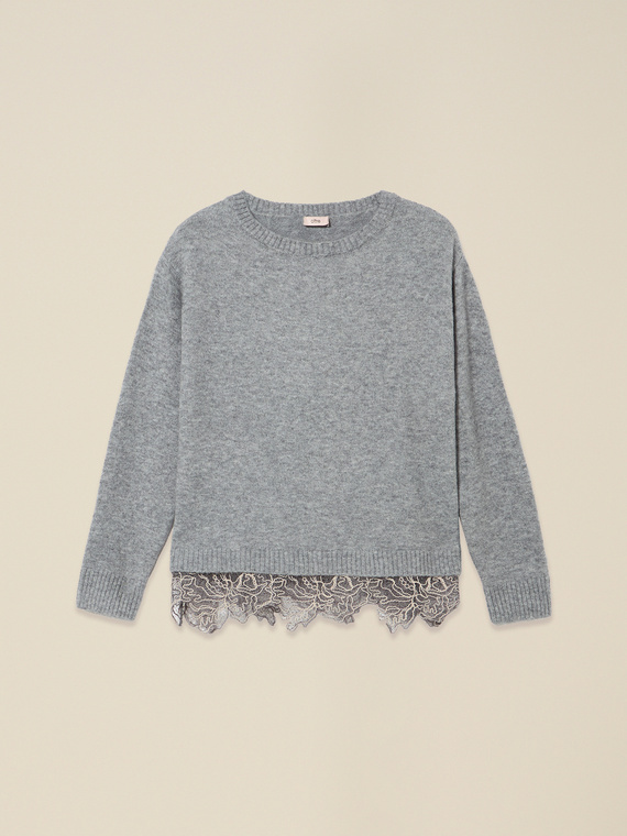 Rundhals-Pullover mit Spitzenrand