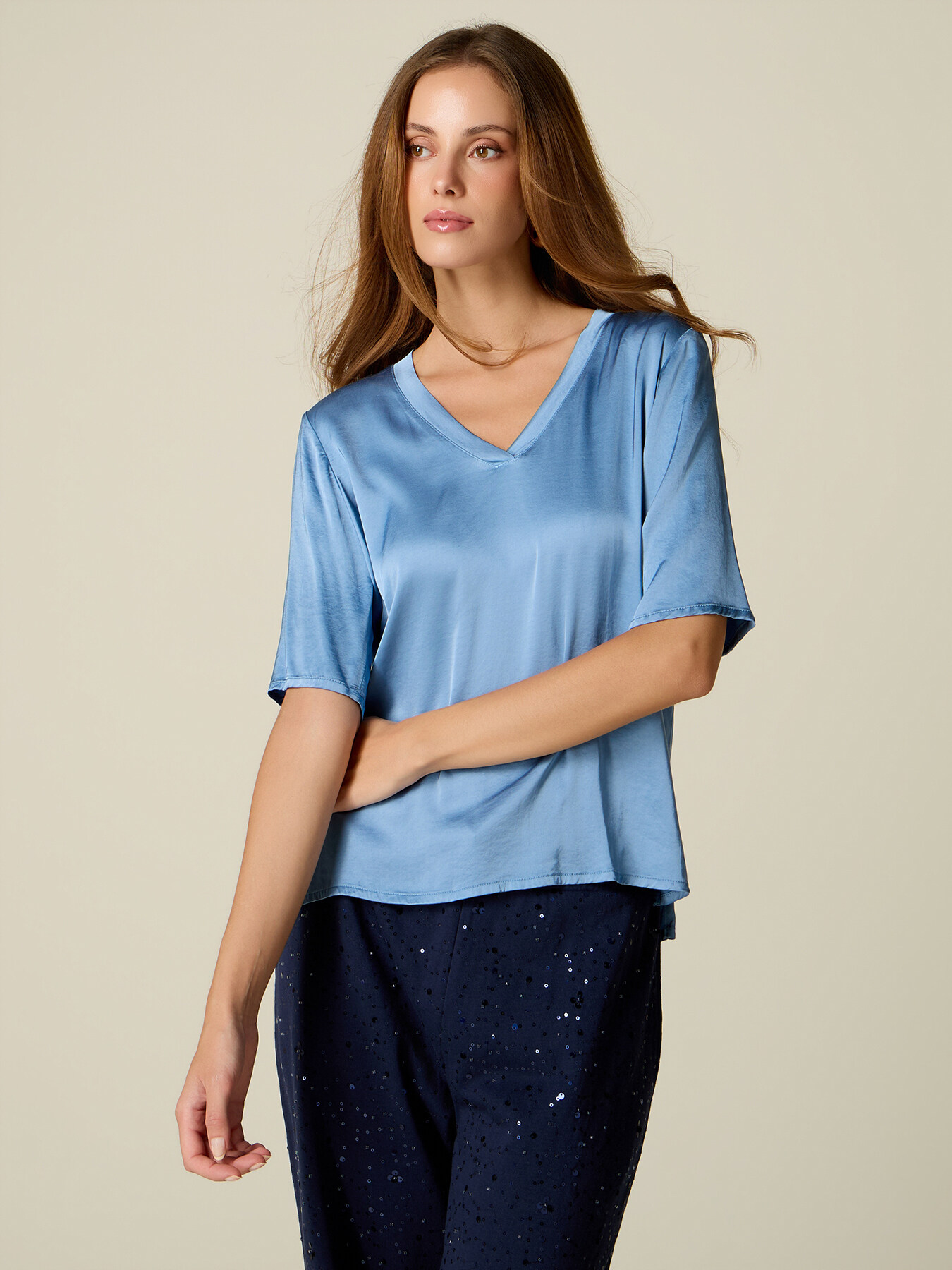 Bluse mit kurzen &Auml;rmeln aus Satin image number 0