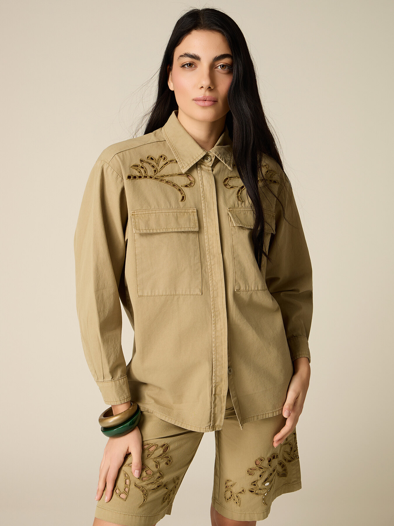 Camicia in cotone con ricami see-through image number 0