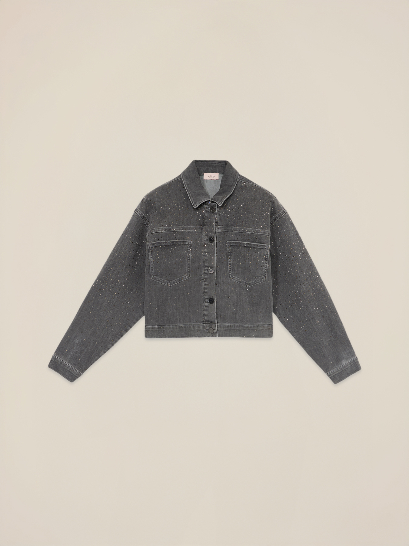 Short denim jacket with applied rhinestones image number 4