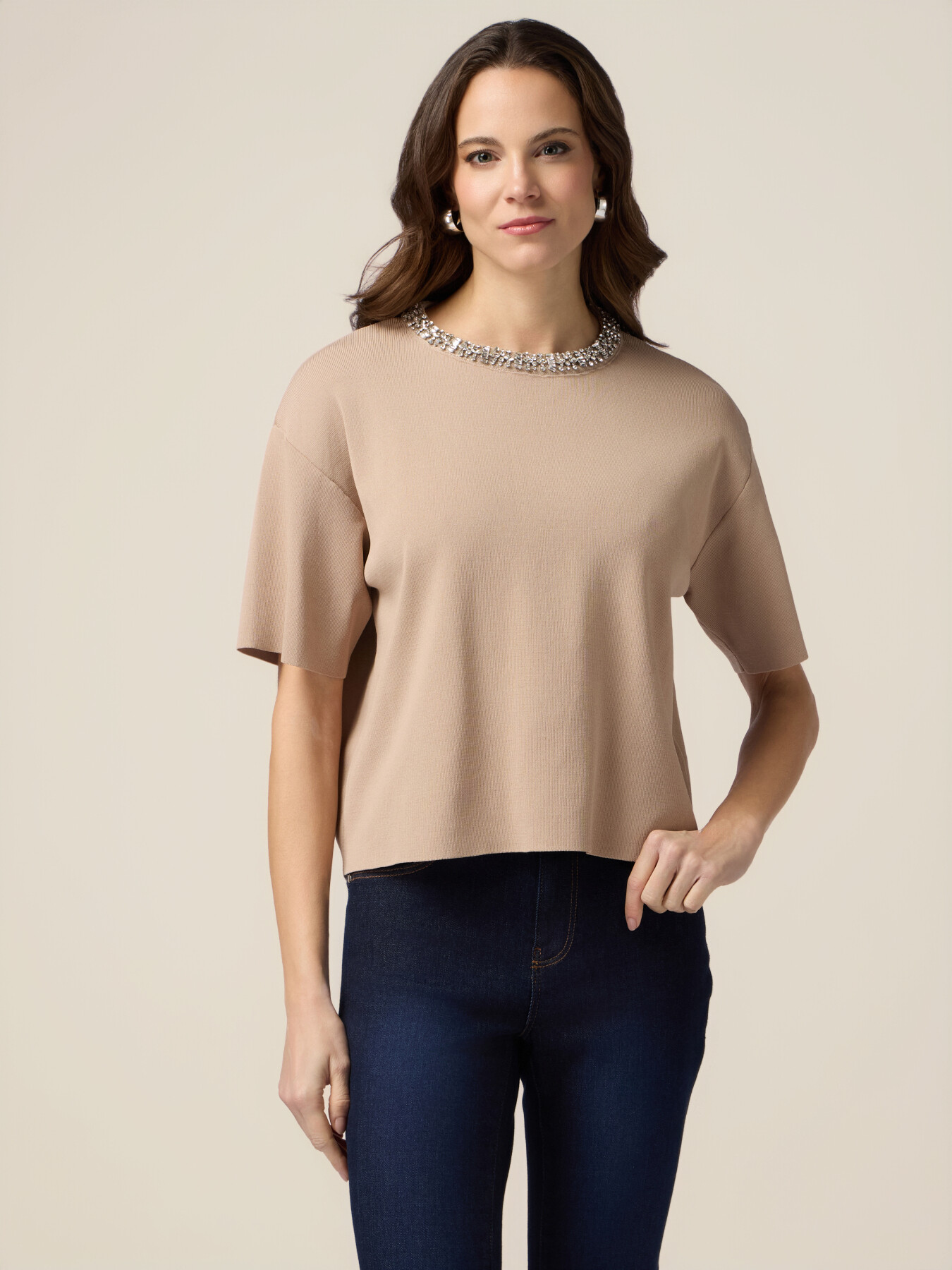 Pull boxy avec broderie bijou image number 0