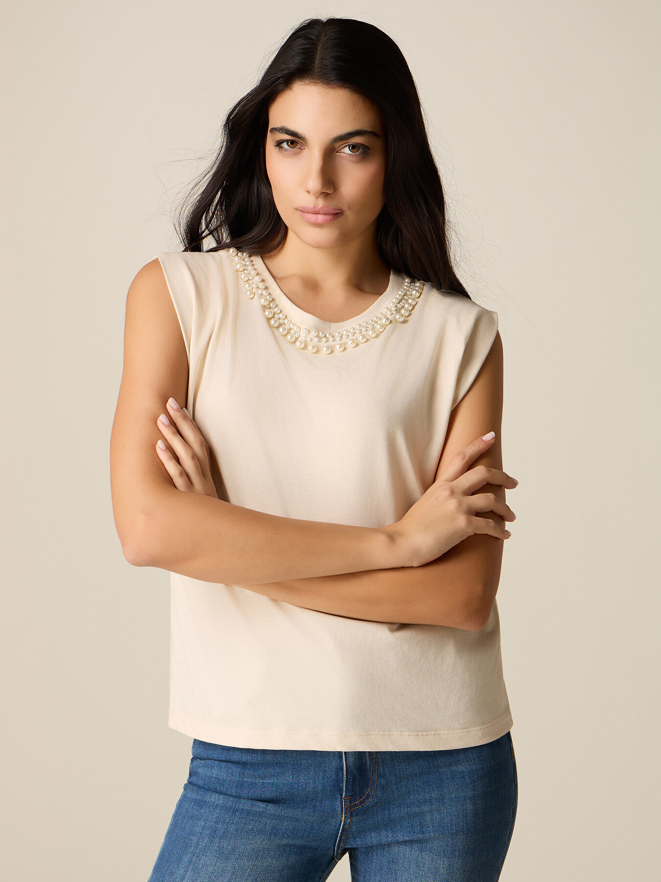 Cotton t-shirt with pearls image number 0