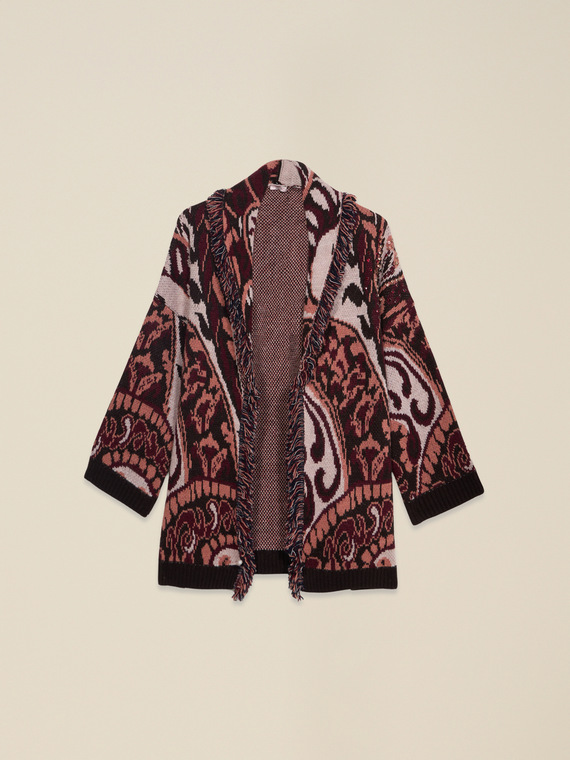 Cardigan long en m&eacute;lange de laine avec franges et cristaux