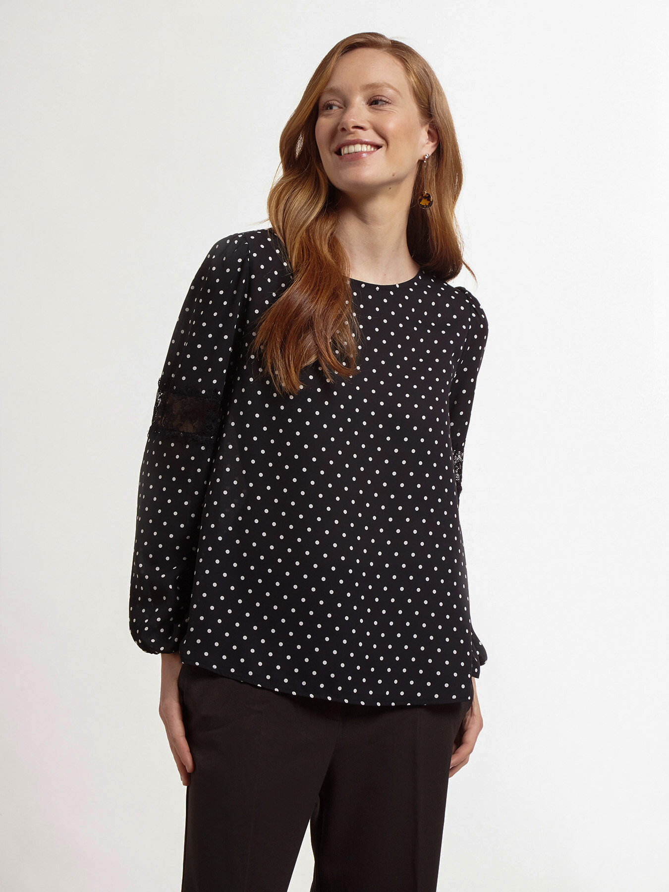 Polka dot blouse with lace inserts image number 2