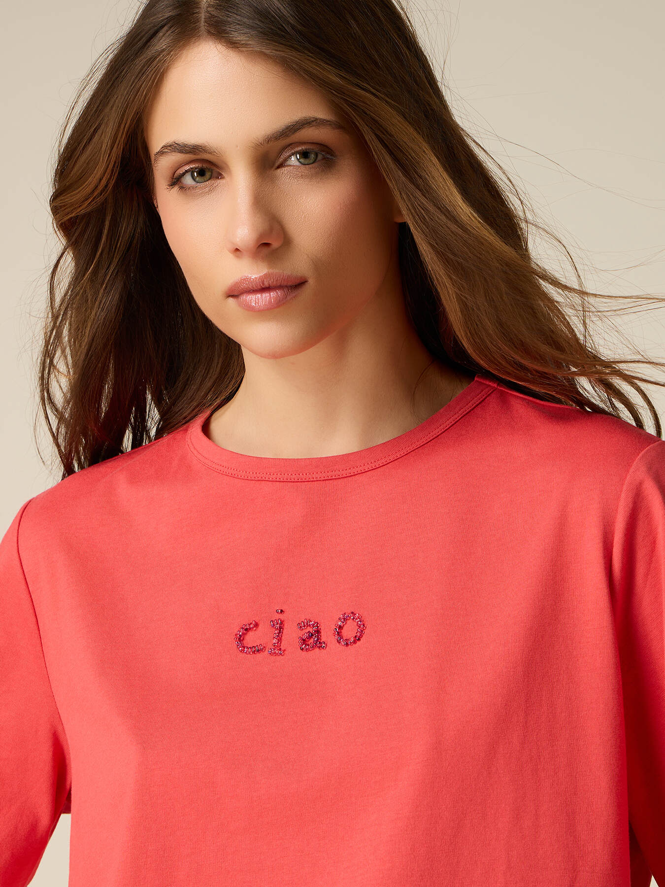Boxy cotton t-shirt with jewel embroidery image number 2