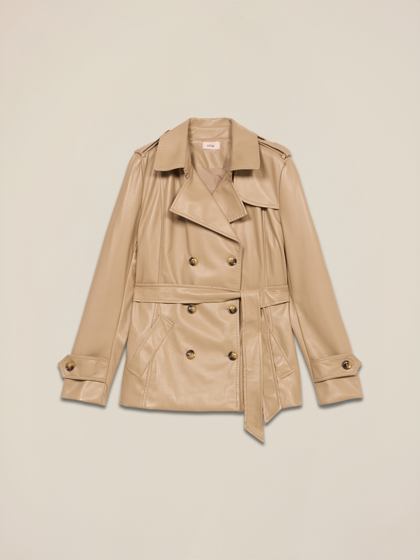 Short double-breasted trench coat in coated fabric image number 3