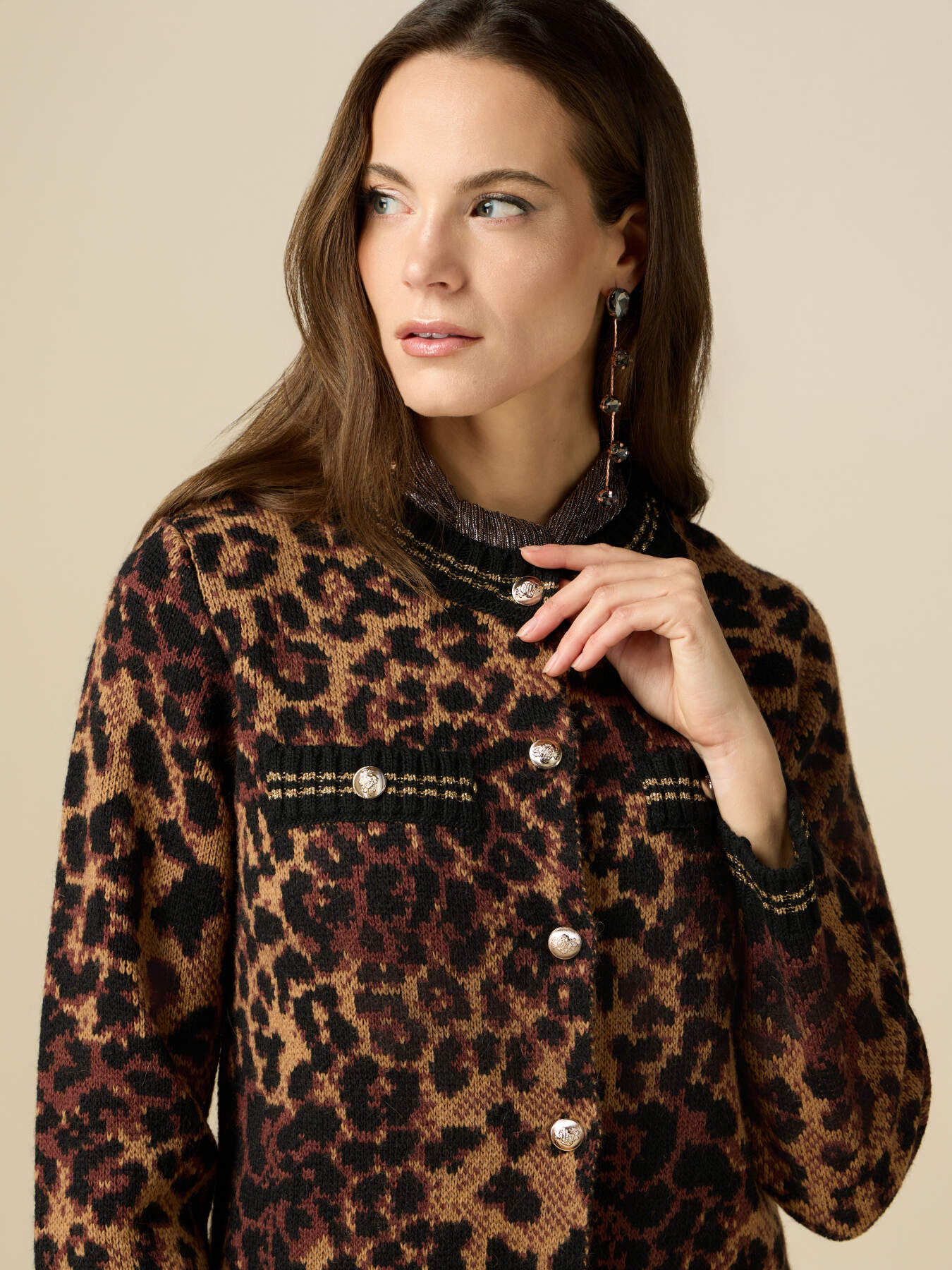 Cardigan court motif animalier de laine m&eacute;lang&eacute;e image number 2