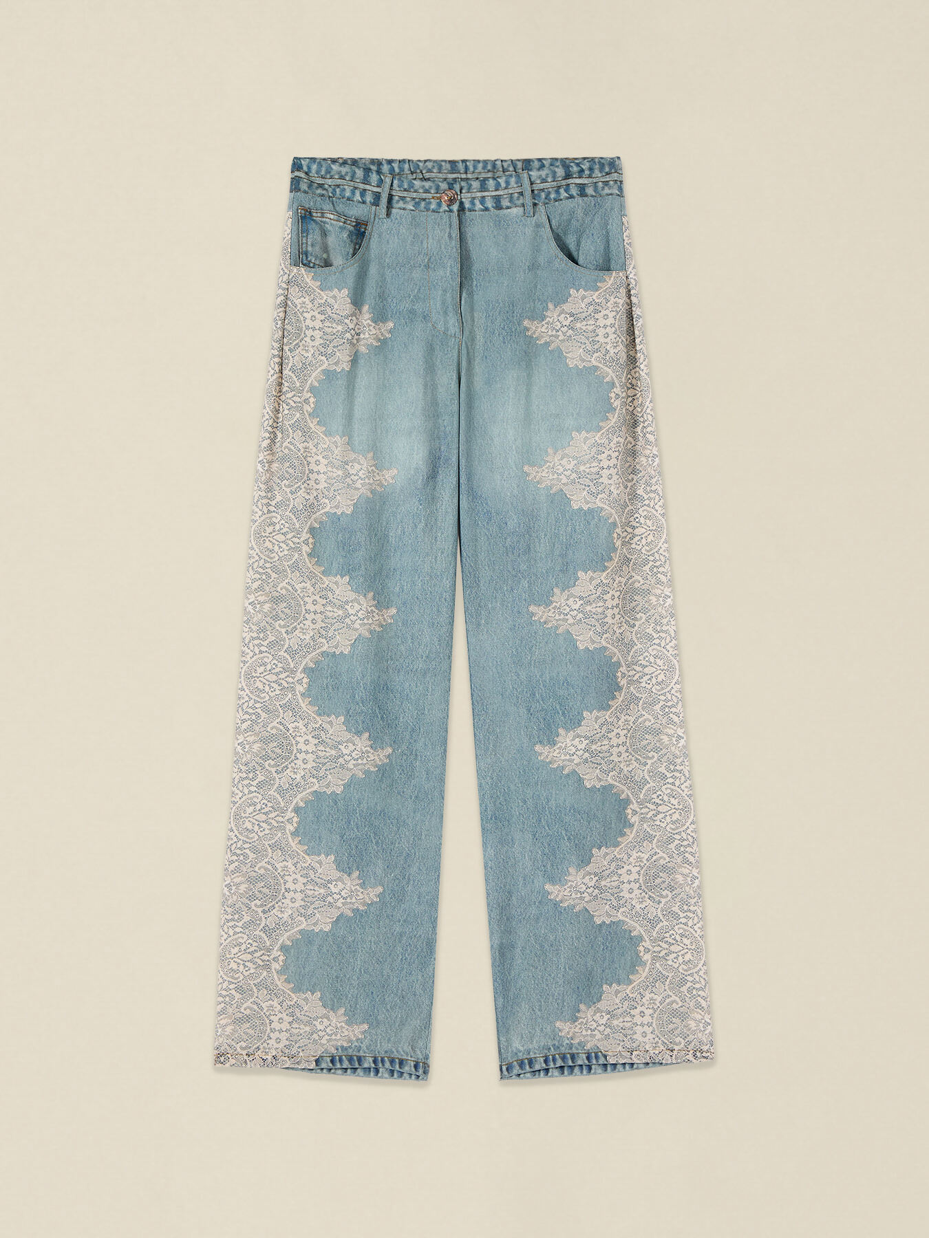 Pantalones palazzo efecto denim con encaje image number 4