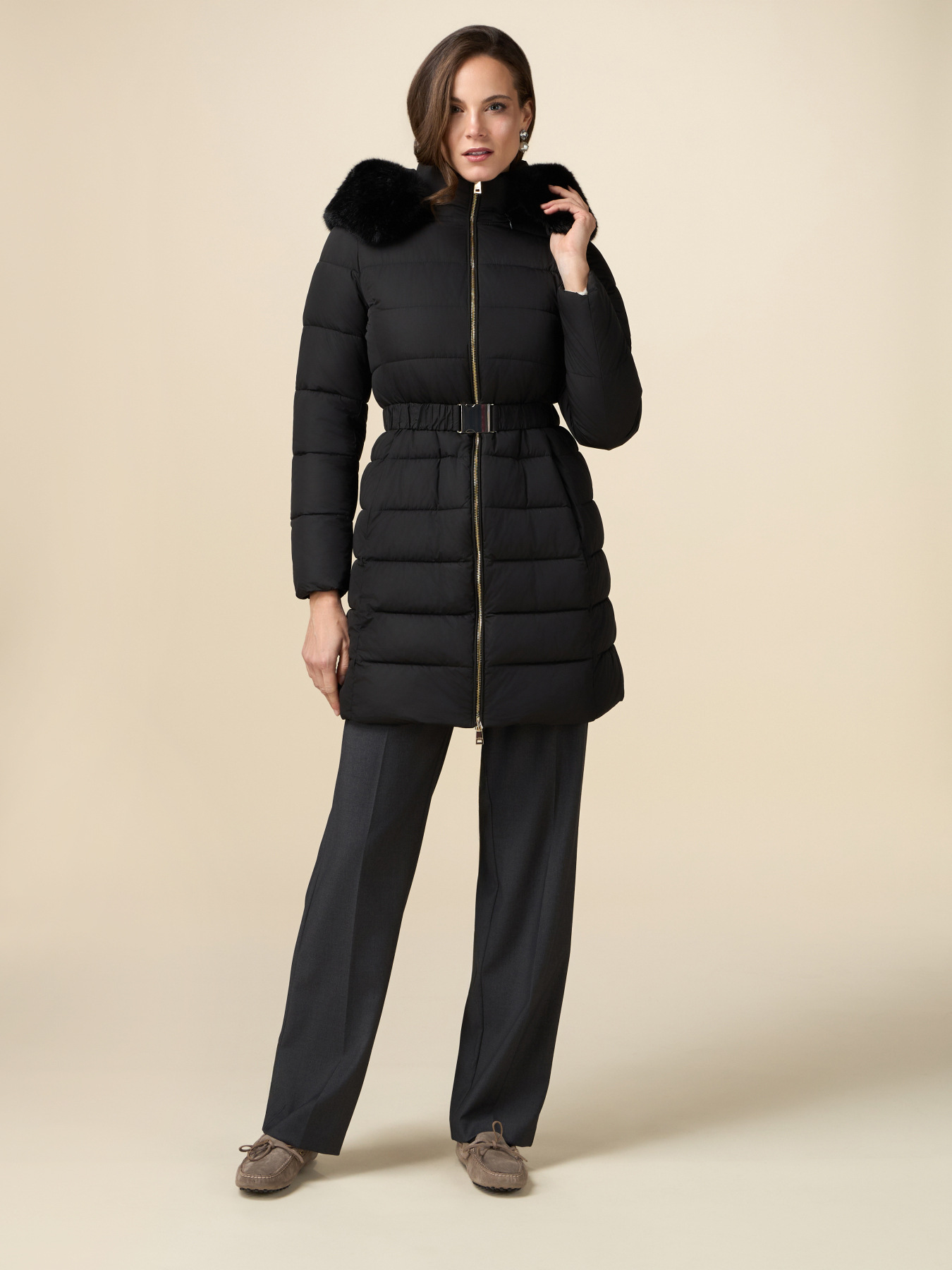 Midi down jacket with belt and furry edge image number 0