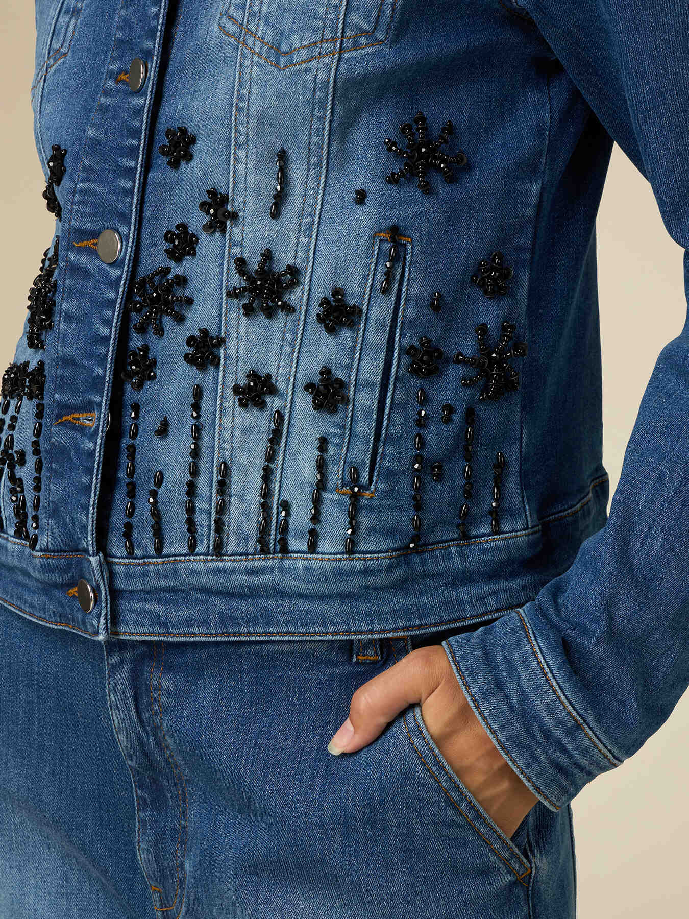 Denim trucker jacket with jewel embroidery image number 2