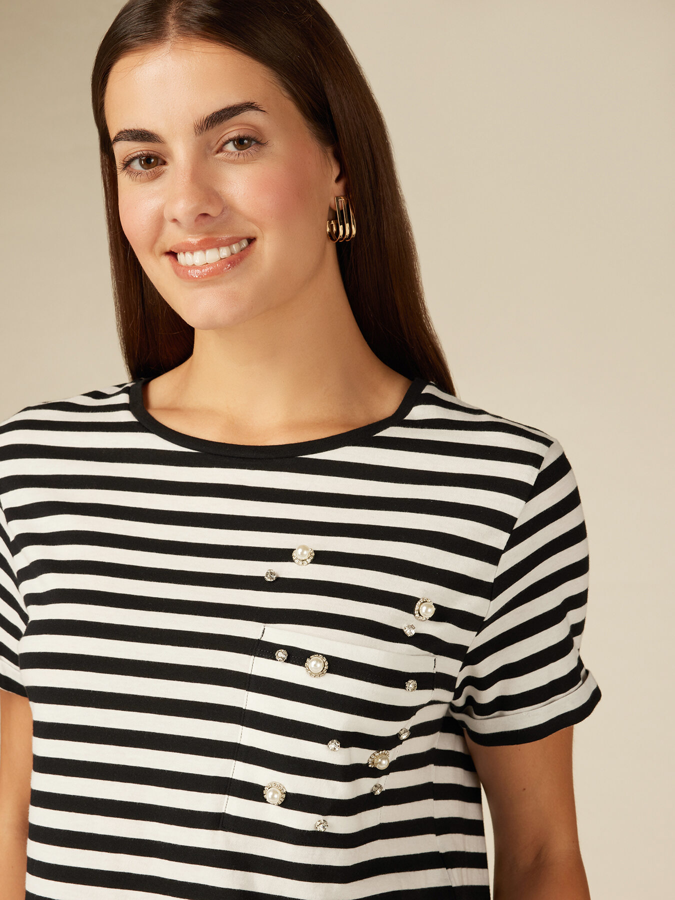 Striped T-shirt with pearls and stones image number 2
