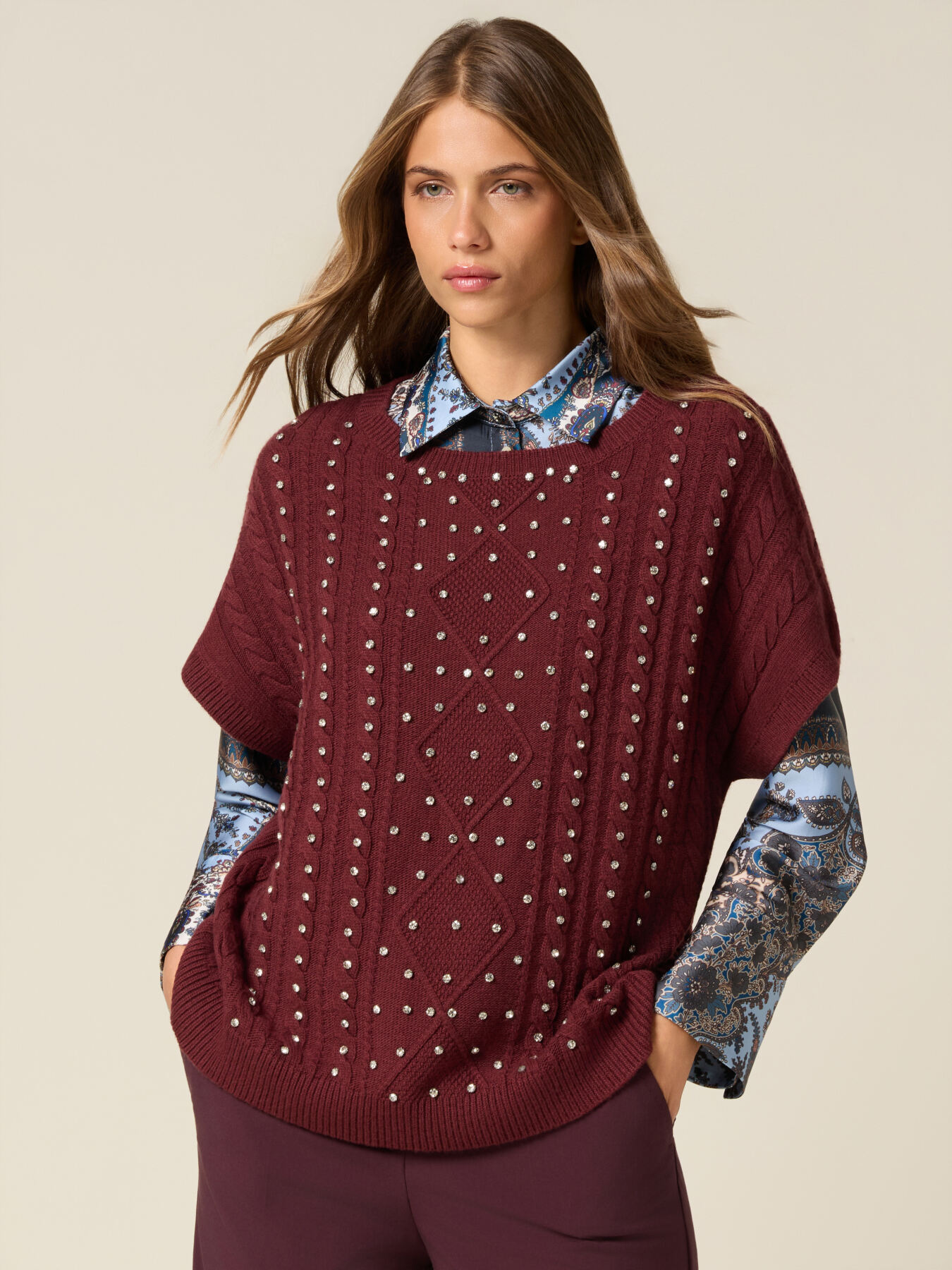 Cashmere blend short sleeve sweater with studs image number 0