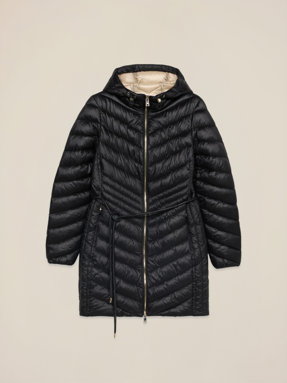 Mid-length hooded down jacket with belt