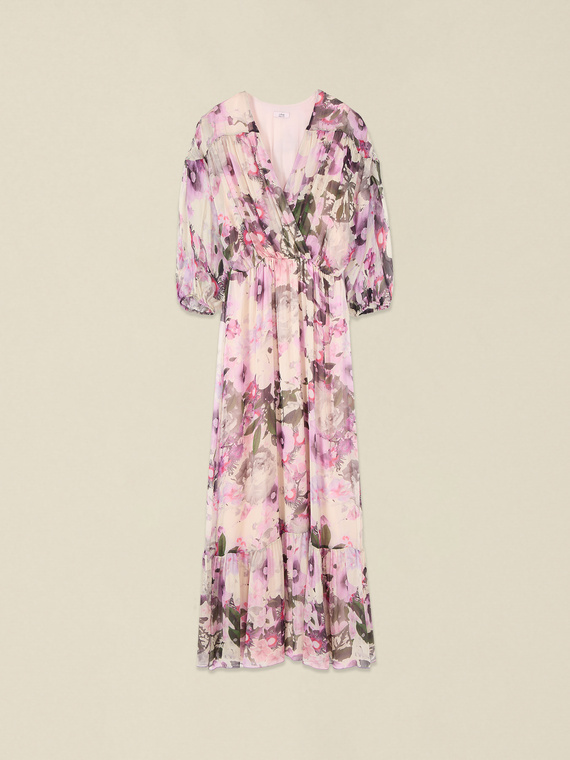 Langes Kleid aus Seiden-Voile-Mix mit Muster