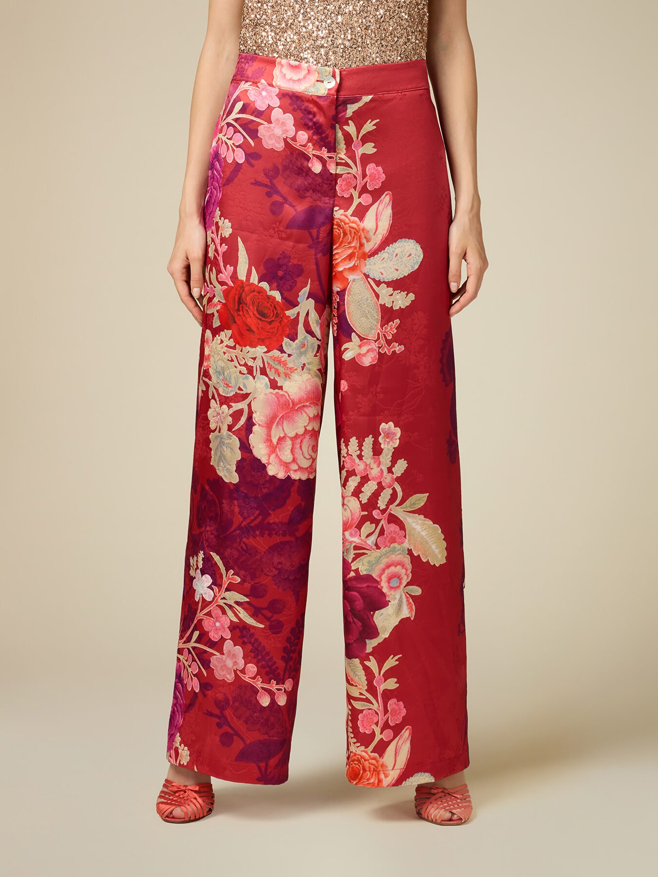 Pantalones palazzo de raso jacquard estampado image number 3