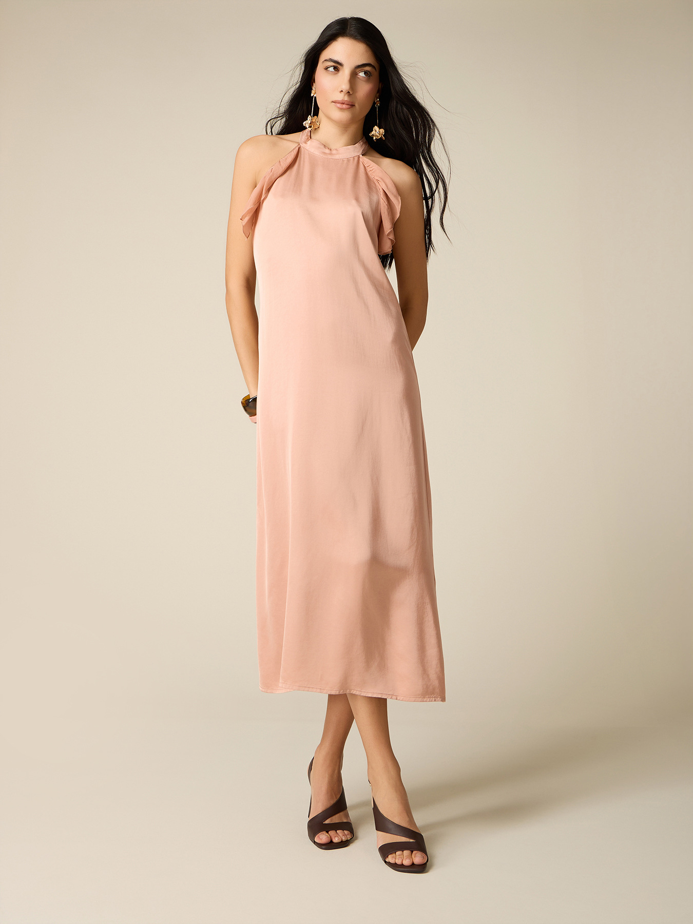 Long satin dress with ruffle image number 0