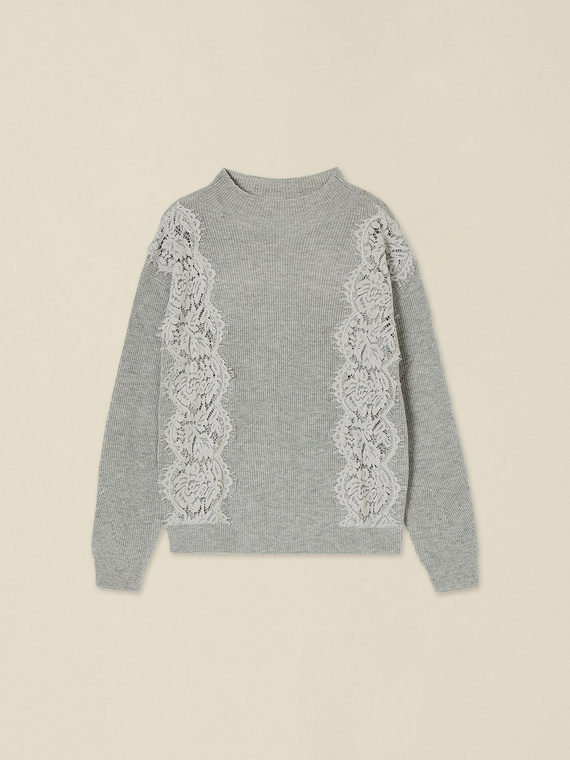 Cashmere-blend sweater with lace inserts