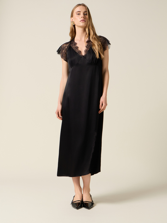 Midi satin dress with lace