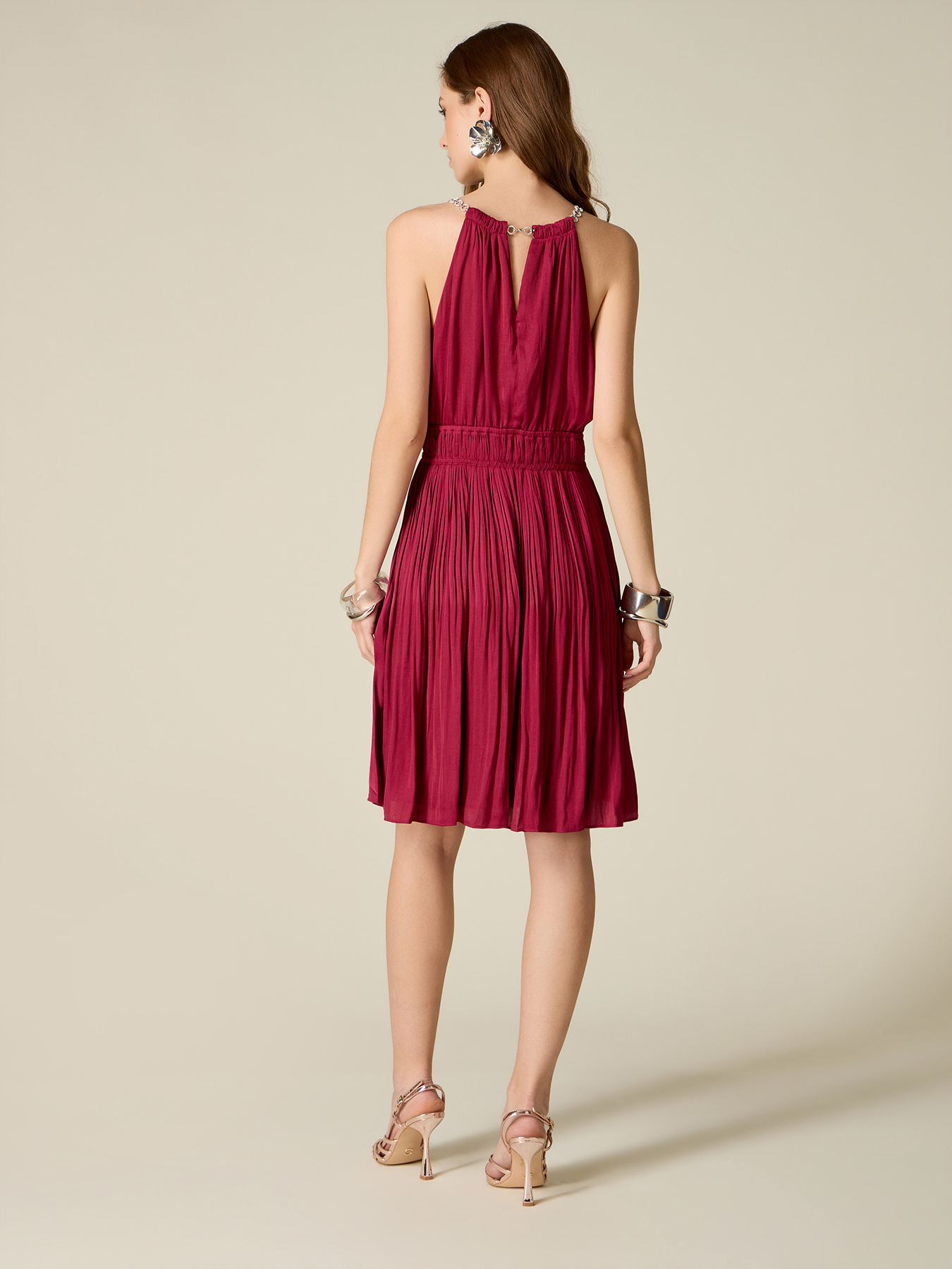 Flare satin dress with jewel necklace image number 1