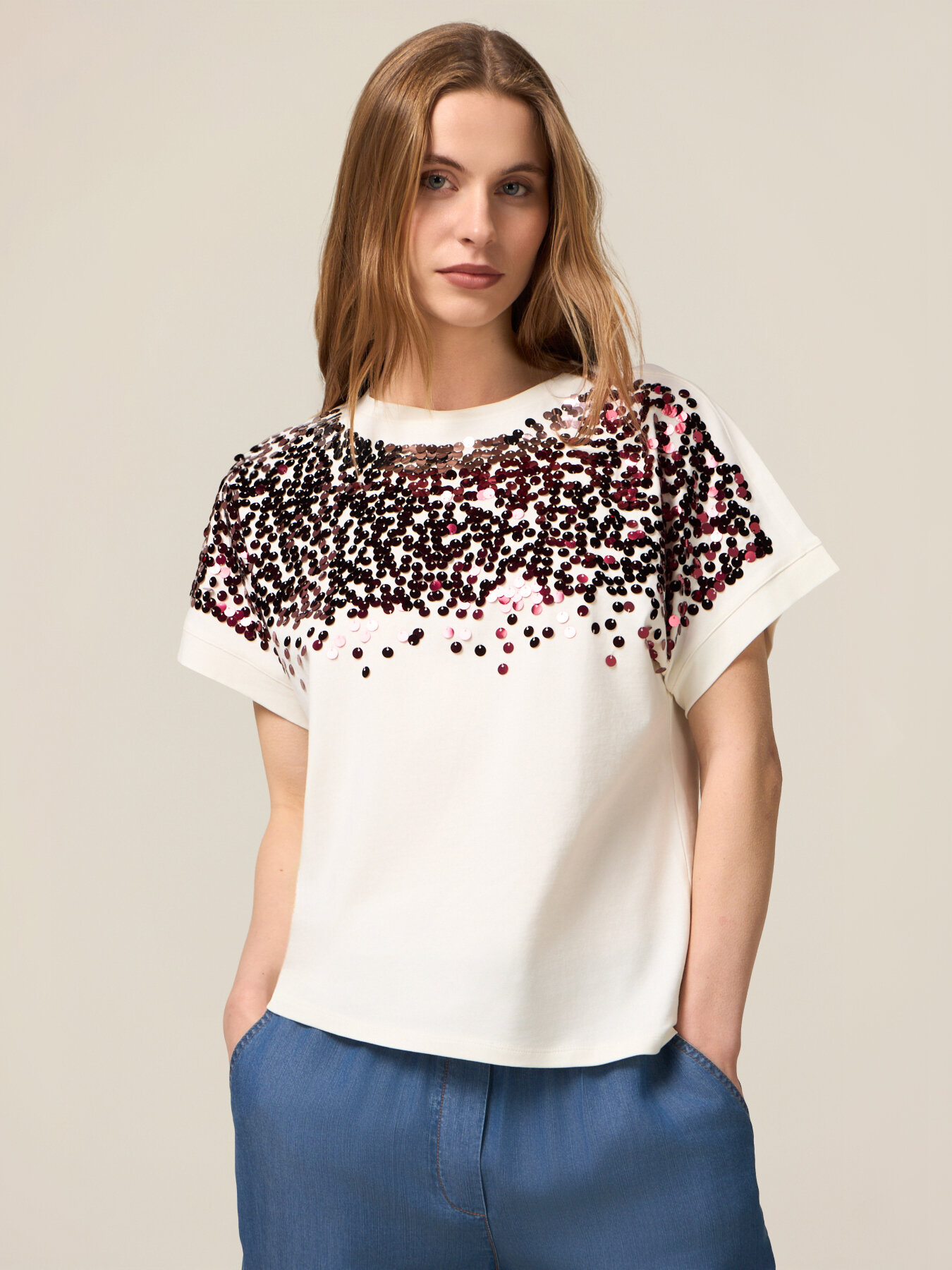 Tricou din jerseu cu paiete image number 0