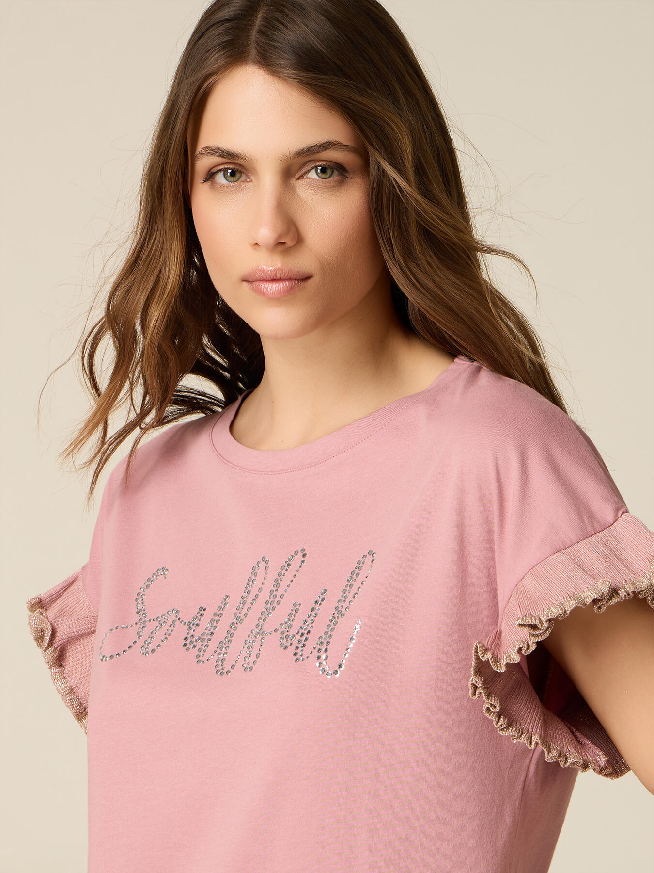 T-shirt in cotone con cristalli e rouches image number 2
