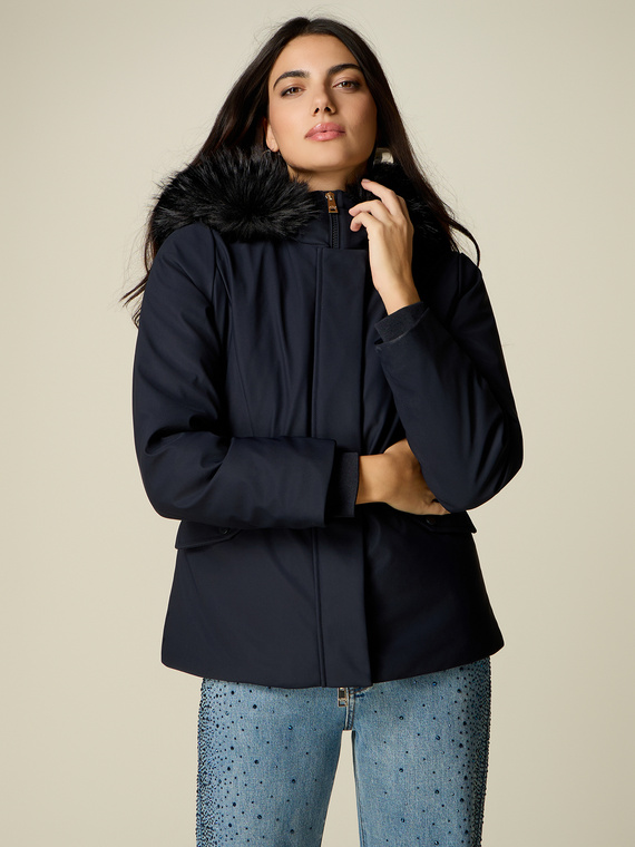 Smooth down jacket with hood and faux fur trim
