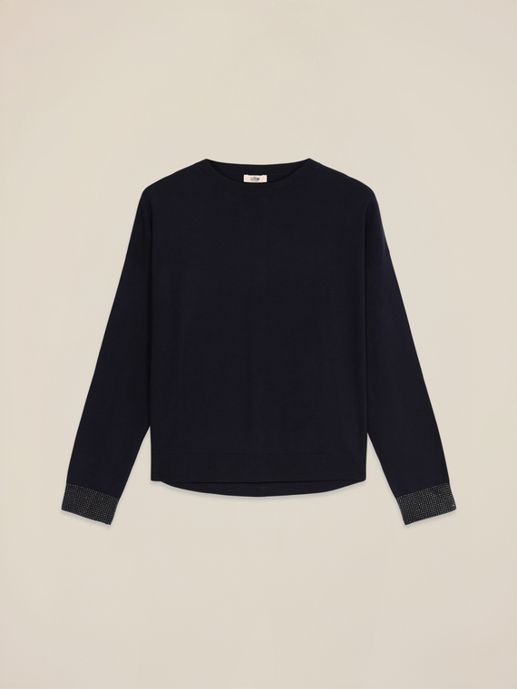 Mixed viscose sweater with decorated cuffs