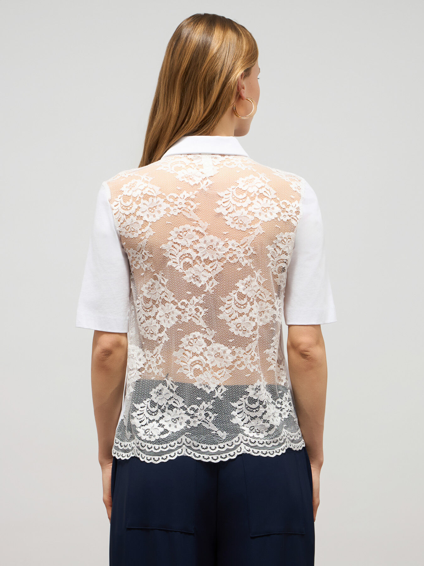 Two-material T-shirt with lace insert image number 1