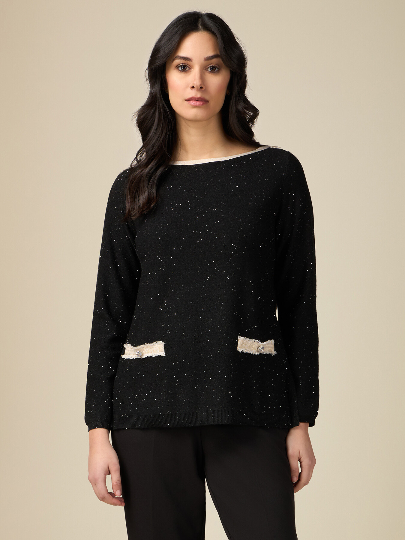Sweater with tiny sequins and faux breast pockets image number 0