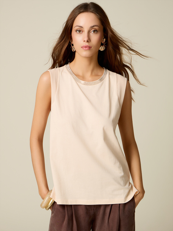 Jersey-Top mit Kristallen