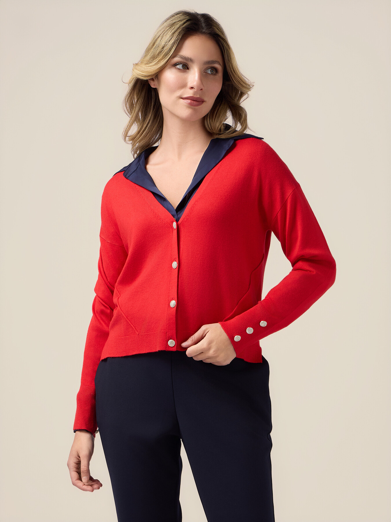 Cardigan din amestec de v&acirc;scoză cu nasturi bijuterie image number 0