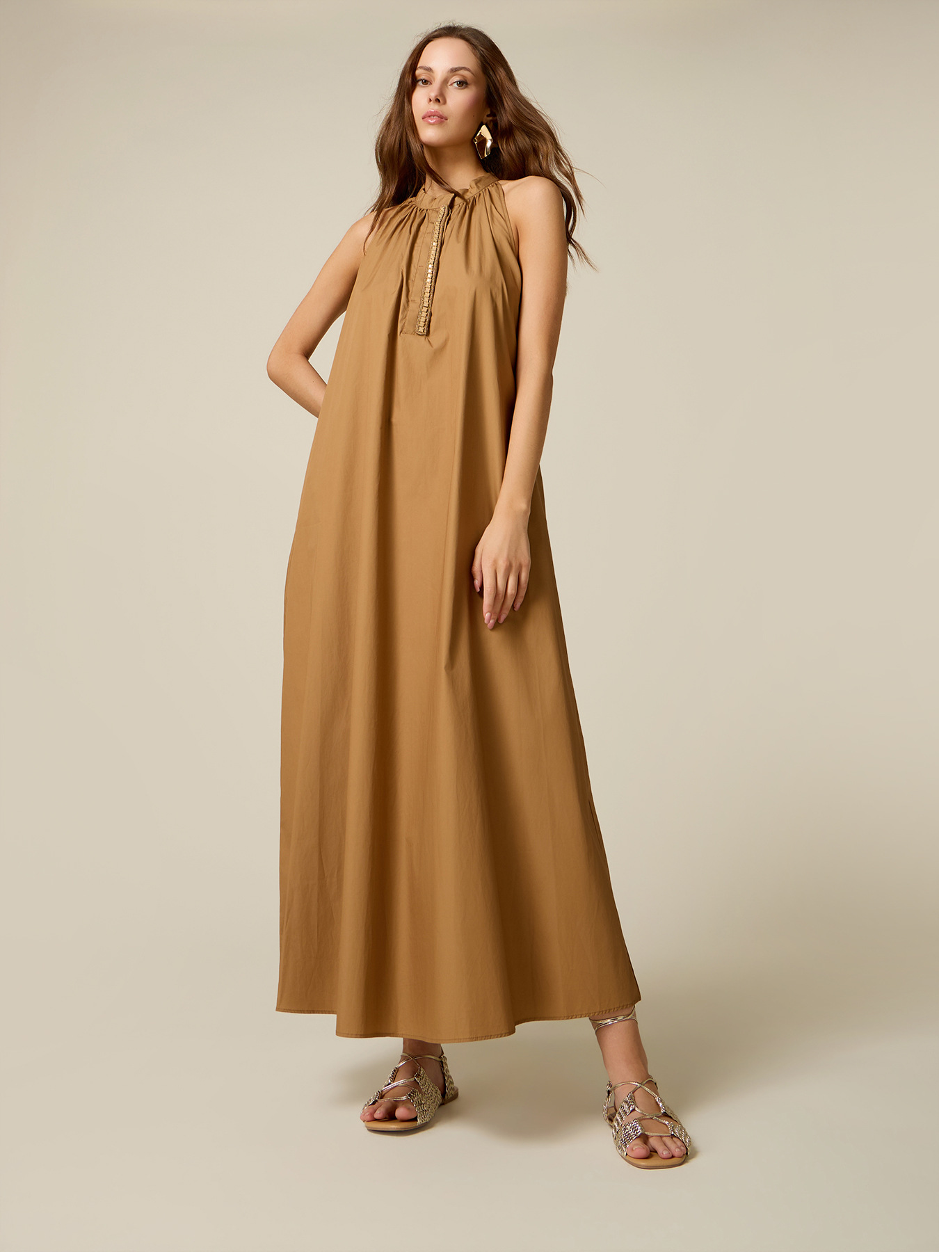 Long poplin dress with jewel detail image number 0