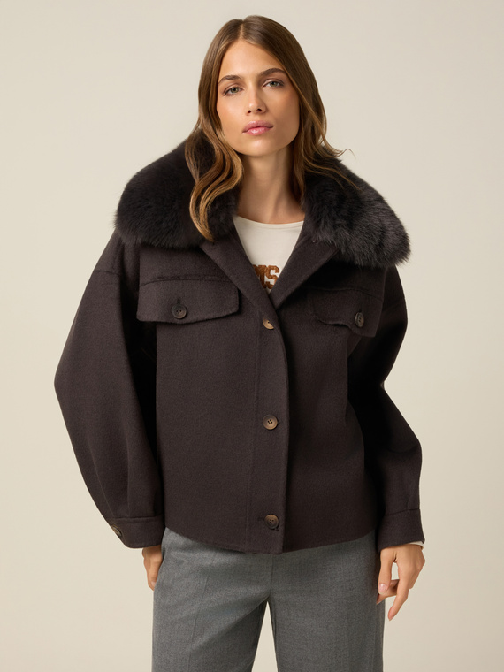 Short mixed wool coat with furry collar