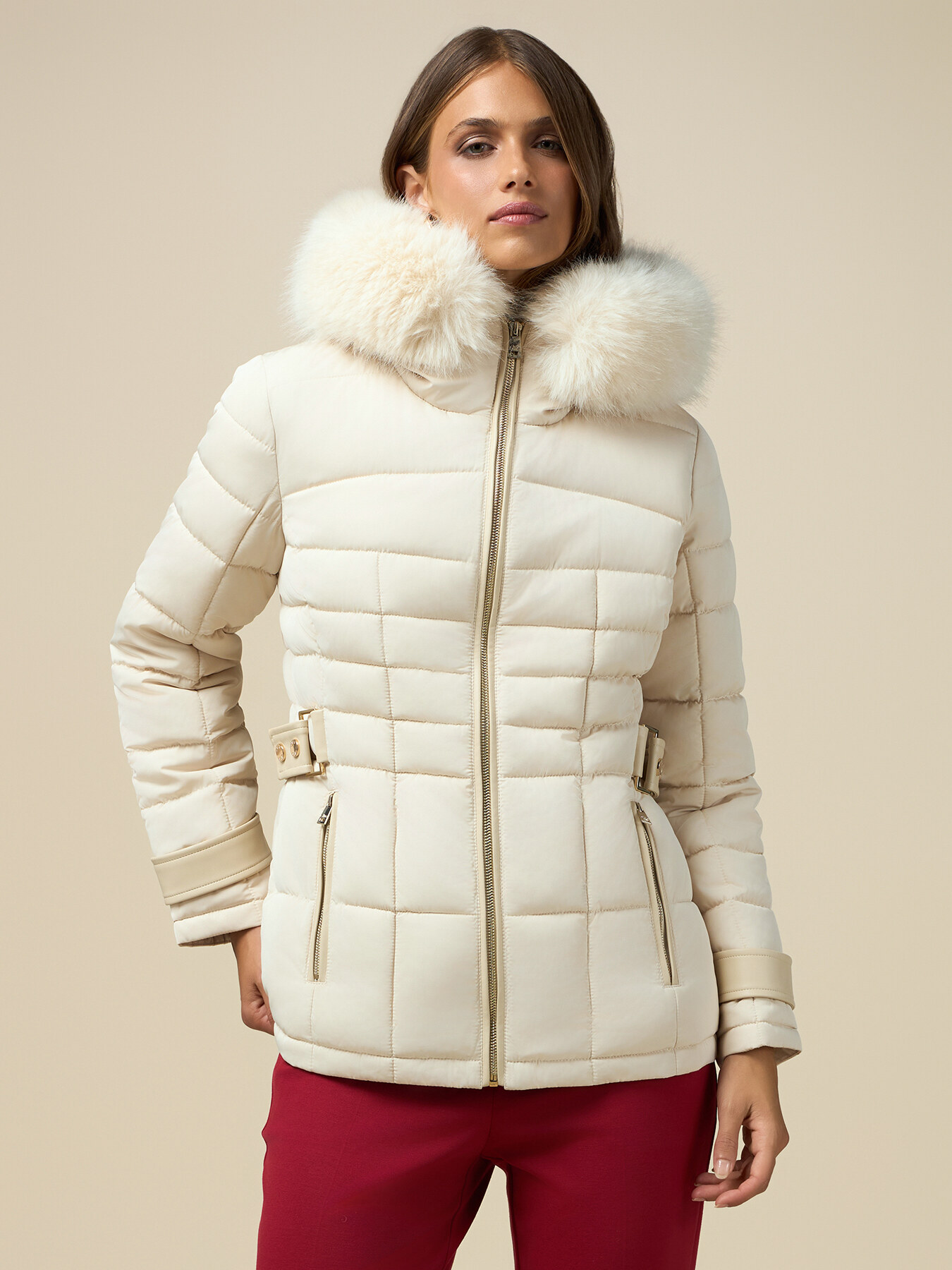 Fitted down jacket with furry edge and inserts image number 0