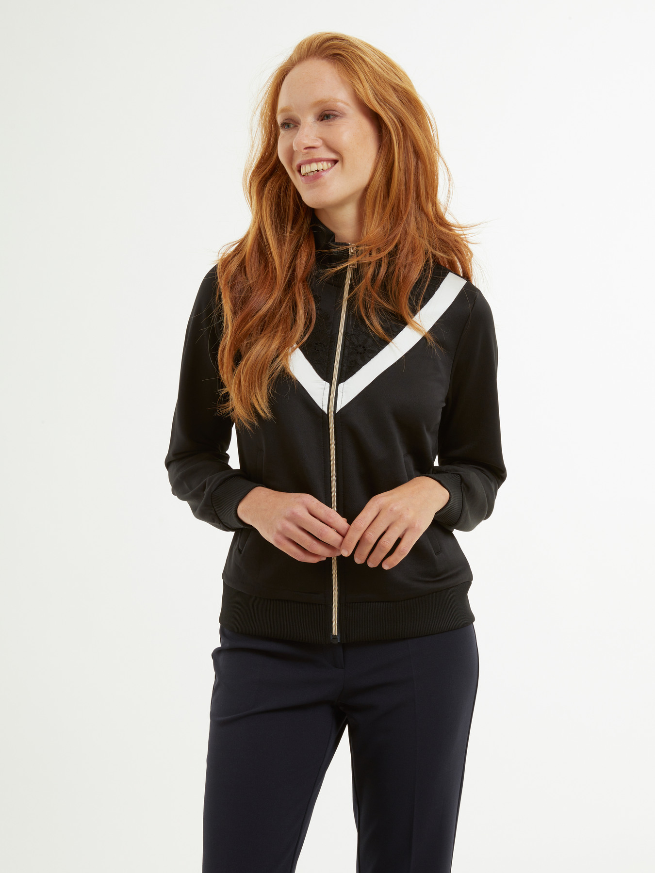 Two-tone sweatshirt with zip and lace image number 0