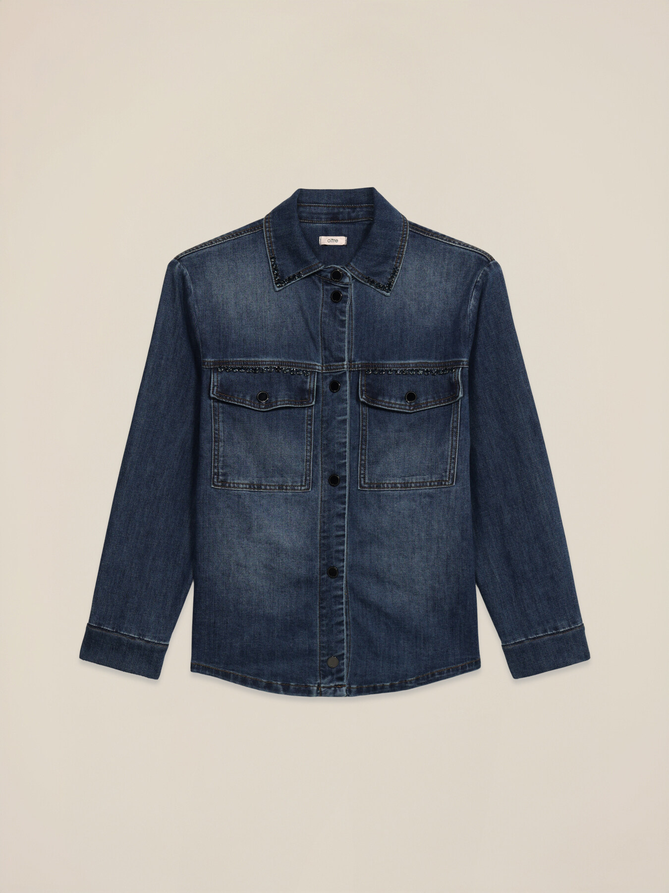 Jeanshemd-Jacke mit Kristallen image number 4