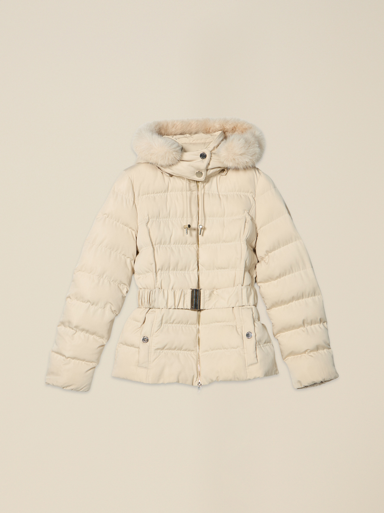 Down jacket with hood and waist belt image number 3