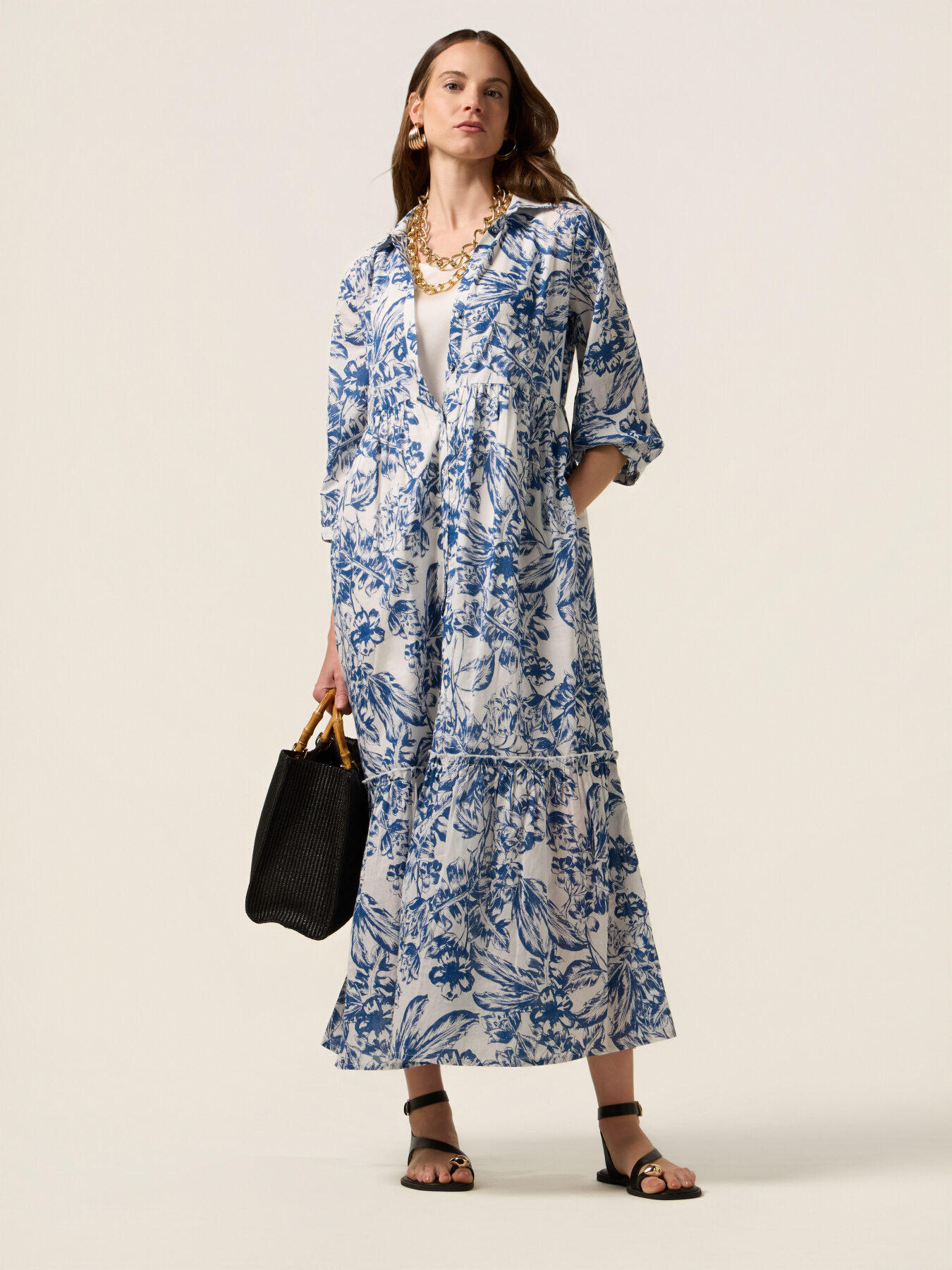 Long patterned cotton shirtdress image number 0