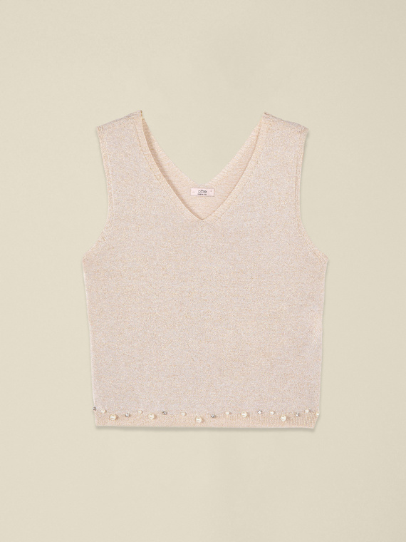 Top en tricot lurex avec broderie bijou